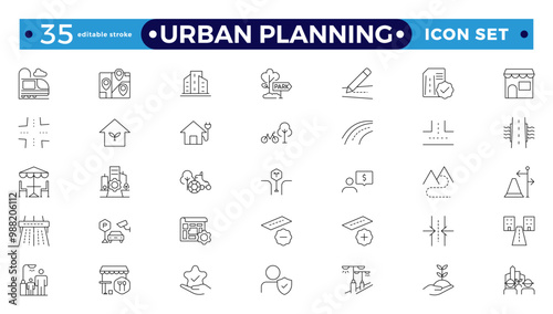 Urban planning Outline icons. City development, smart city infrastructure.plan, urban,dearchitecture, city, construction, building.  Editable stroke outline icon.

