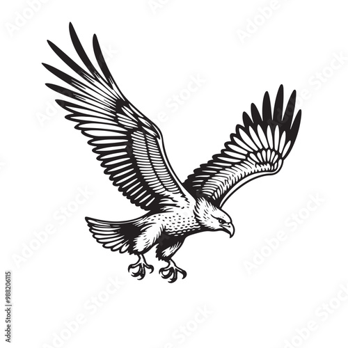 a black and white drawing of an eagle flying