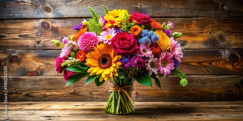 Vibrant bouquet of assorted flowers on rustic wooden table, vibrant, bouquet, assorted, flowers, rustic, wooden, table, floral