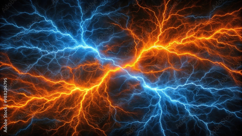 Blue and orange abstract lightning pattern on black canvas, fire, background, texture, vibrant, energy, abstract art Blue and orange abstract lightning pattern on black canvas, fire, background, texture, vibrant, energy, abstract art