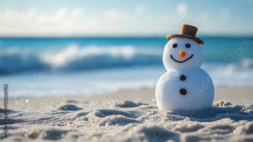 Sandy christmas snowman in hat at sunny beach. Holiday concept for New Years Cards.