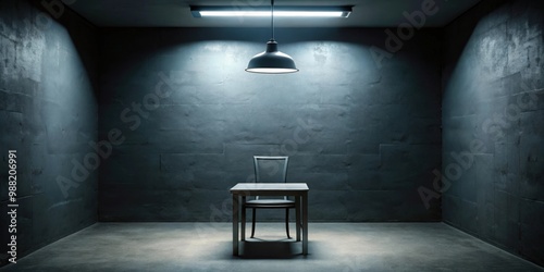 Dark interrogation room with one small overhead light, interrogation, room, dark, lighting, interrogation room, shadows
