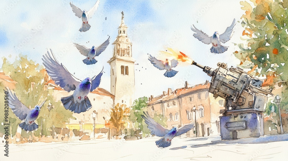 Fototapeta premium A whimsical watercolor painting of pigeons flying near a clock tower and an unusual cannon in a vibrant urban setting.