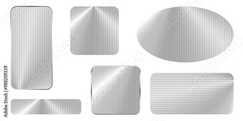 Ribbed glass effect, 3d backgrounds set. Transparent shiny textured plate with sun glare. Ribbed gradient pattern with light glare.