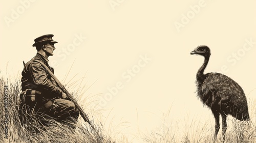 A soldier encounters an emu in a serene landscape, capturing a moment of wildlife and humanity in a unique historical context.