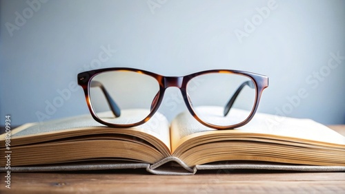 A pair of stylish glasses resting on top of an open book, eyewear, reading, literature, study, education, intelligence