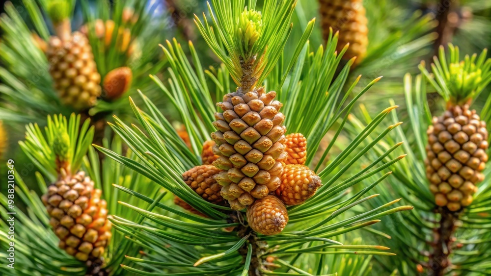 Close up of Pinus uncinata mountain pine with long needles and small cones, mountain pine, Pinus uncinata, close up, macro, needle