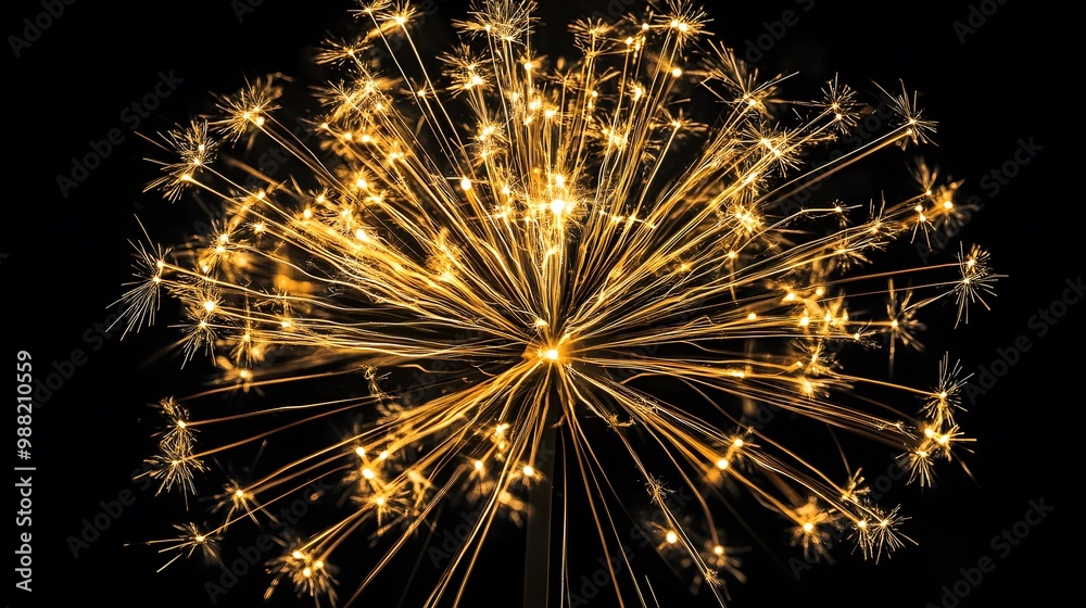 Obraz premium A dazzling display of golden fireworks bursts against a black night sky, captured in perfect symmetry.