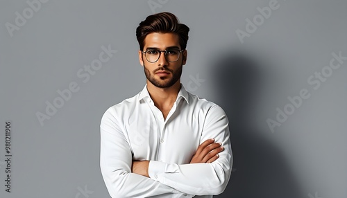 Confident Professional in Crisp White Shirt with Styled Hair and Glasses Against Solid Grey Background