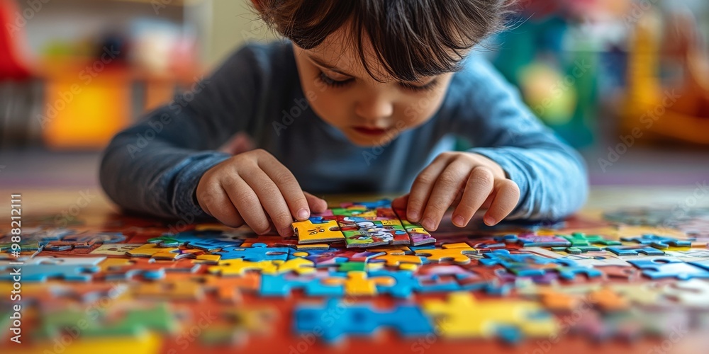 Child engaged in puzzle-solving at a vibrant learning center, surrounded by an array of educational materials, softly blurred background. Child engaged in puzzle-solving at a vibrant learning center, surrounded by an array of educational materials, softly blurred background.