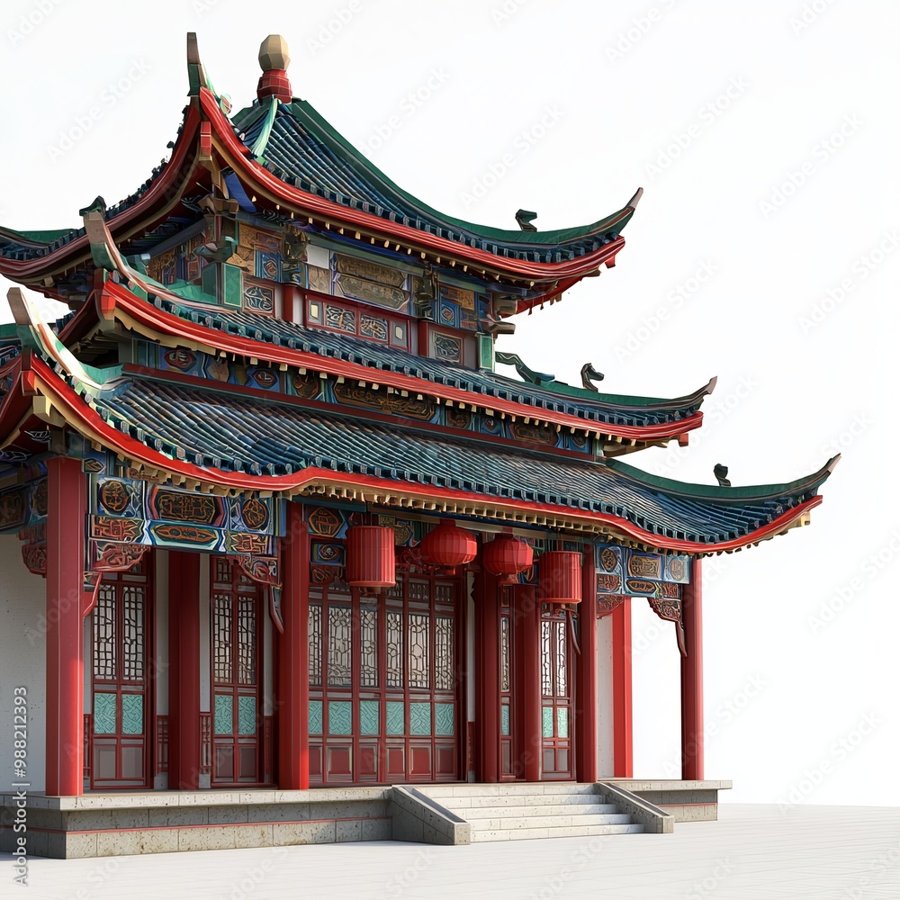 Fototapeta premium 3D Render of a Chinese temple with a large courtyard for gatherings, on isolated white background