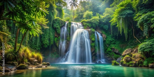 A beautiful waterfall hidden deep in the lush jungle, waterfall, jungle, nature, tropical, exotic, lush, scenery