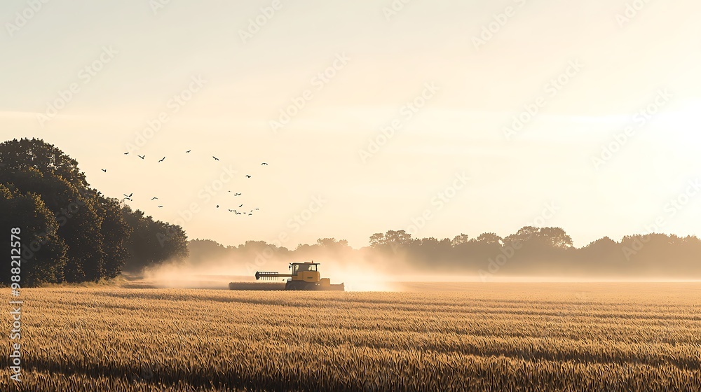 Fototapeta premium A tranquil wheat field being harvested under a clear, sunny sky 