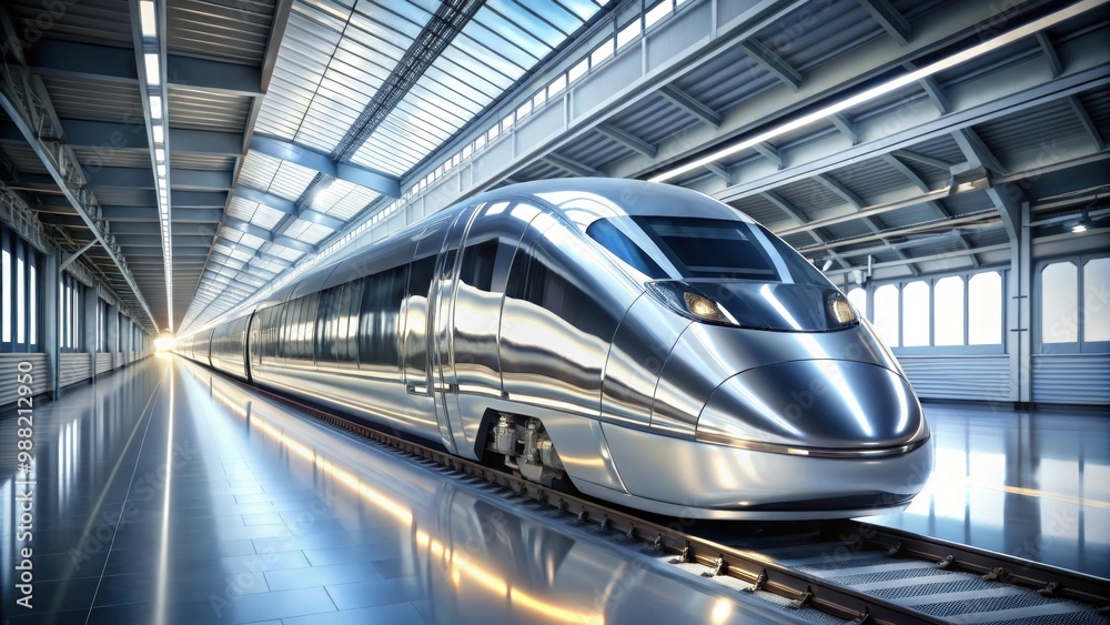 Obraz premium Sleek, aerodynamic train with chrome accents and smooth curves parked in an Art Deco-inspired station , transportation, train