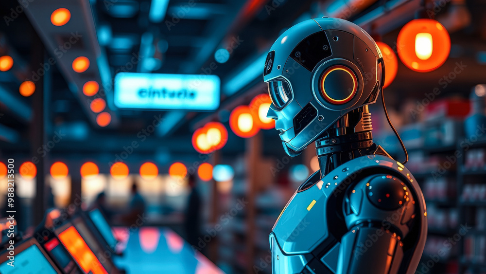 Futuristic Robot In A Neon Lit Retail Store Futuristic Robot In A Neon Lit Retail Store