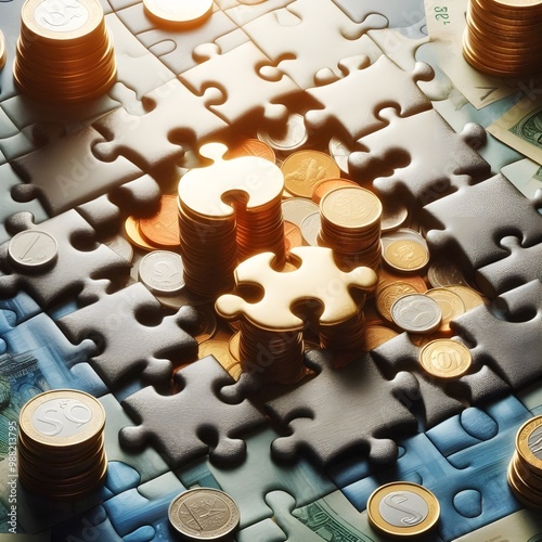 Wealth Puzzle. Pieces of a puzzle made out of coins being put together, representing complex financial planning.