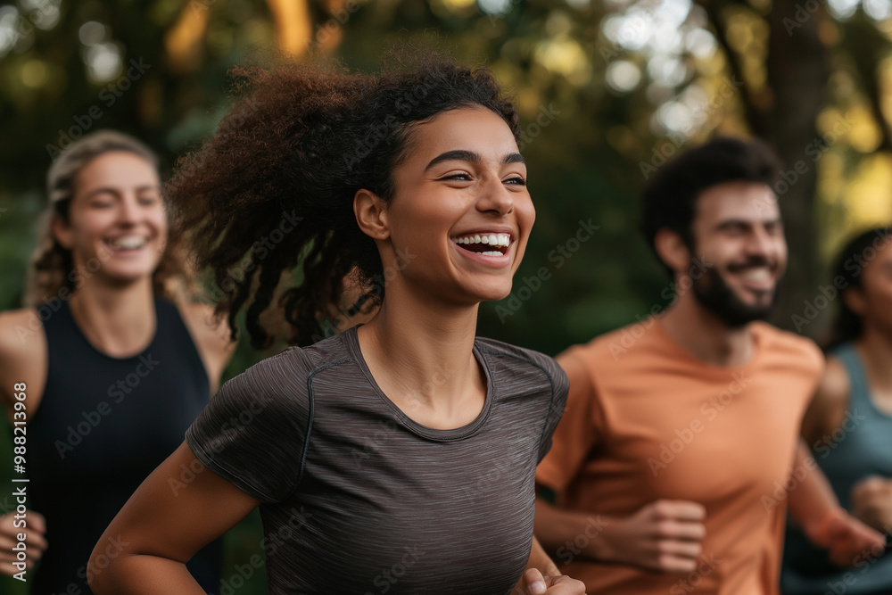 A group of people running in a park, laughing and smiling A group of people running in a park, laughing and smiling
