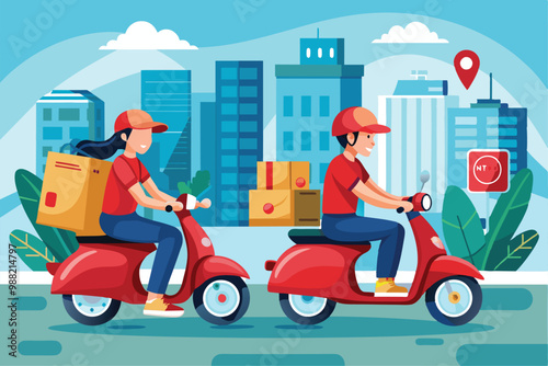 Couriers on red scooters are delivering packages through a bustling city filled with tall buildings and greenery under a clear blue sky.