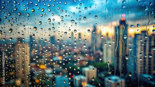 Rain drops on window with blurred cityscape background, rain, drops, window, cityscape, background, wet, water, glass, weather photo