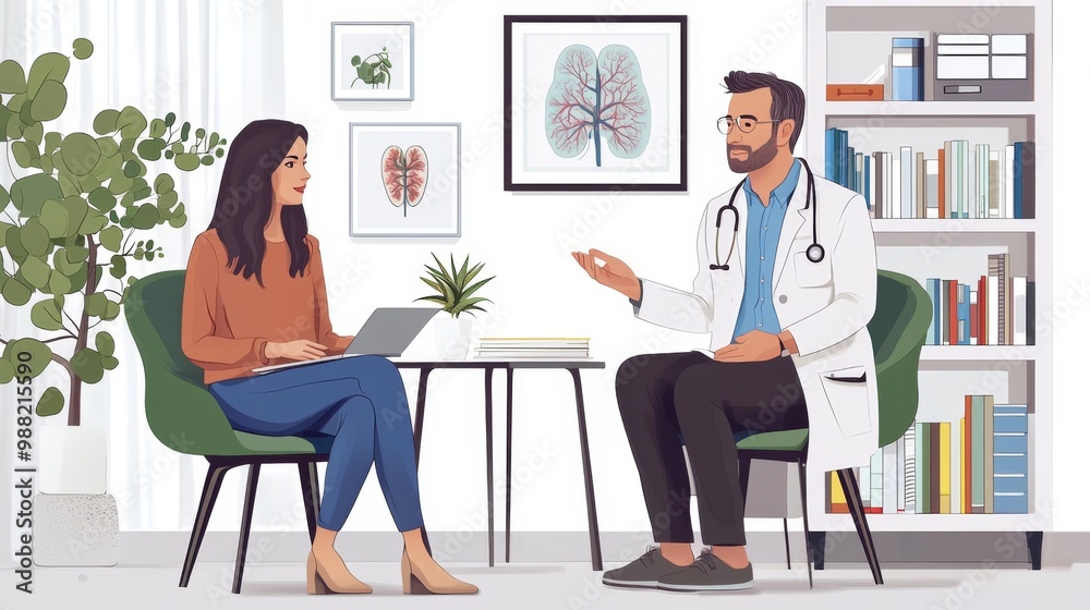 A survivor and her doctor discussing long-term health after treatment A survivor and her doctor discussing long-term health after treatment
