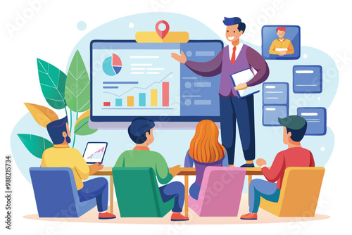 A lecturer presents internet trends and strategies to an engaged audience during a masterclass in a virtual classroom setup.