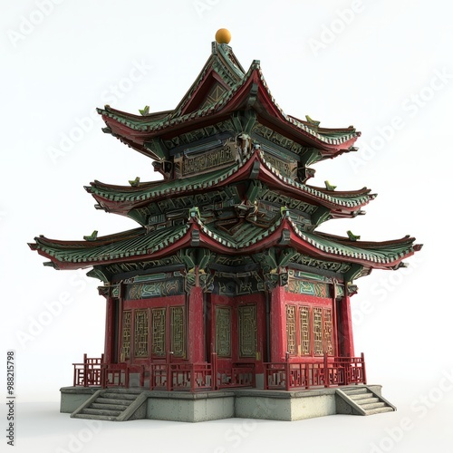 3D Render of a Chinese temple with a series of prayer halls, on isolated white background