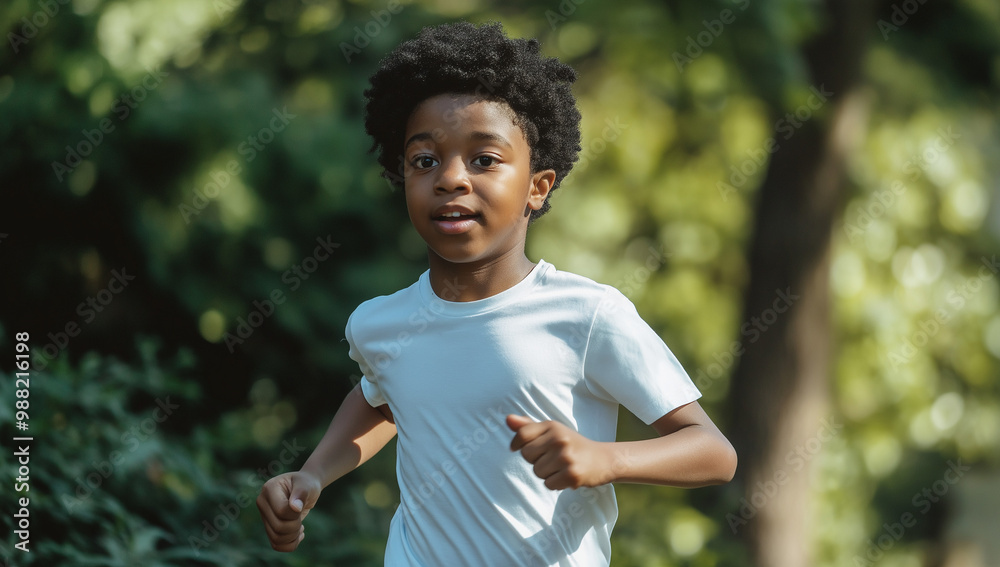 A young boy with dark skin and curly hair is running in a park A young boy with dark skin and curly hair is running in a park