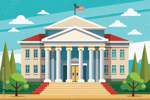 A grand courthouse stands proudly with a flag atop, flanked by trees and steps, under a vibrant blue sky with fluffy clouds.