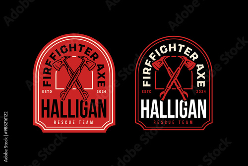 firefighter axes crossed with crowbar retro badge logo design for survivor, rescuer and journey. fireman hatchet, halligan bar, handspike emblem logo collection for wanderlust and firefighter