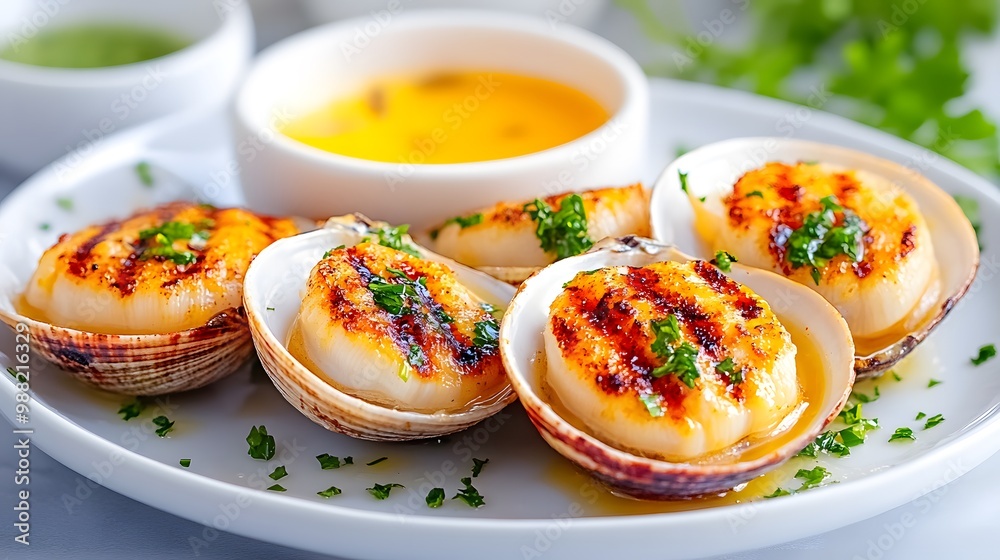 Grilled scallops served on a white plate with dipping sauces, garnished with fresh herbs, showcasing delicious seafood cuisine. Grilled scallops served on a white plate with dipping sauces, garnished with fresh herbs, showcasing delicious seafood cuisine.