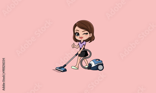 Girl vacuuming with thumbs up in cute cartoon style