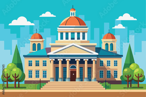 A historic courthouse showcases architectural grandeur, with domes and columns, nestled amid trees against a bright blue sky.