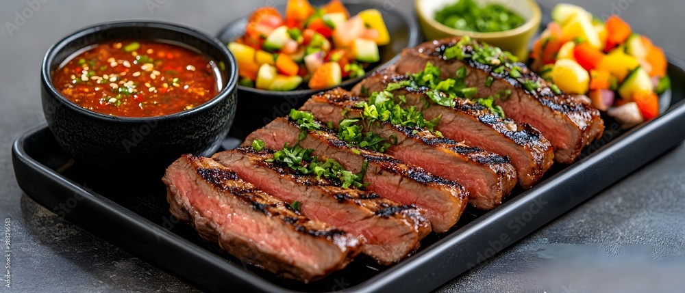 Delicious grilled steak served on a black platter, accompanied by colorful salad and savory dipping sauce. Delicious grilled steak served on a black platter, accompanied by colorful salad and savory dipping sauce.