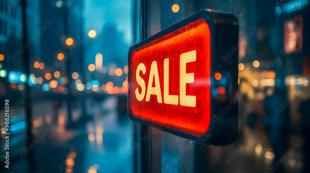 Bright Sale Sign in a Busy Urban Scene at Night Bright Sale Sign in a Busy Urban Scene at Night
