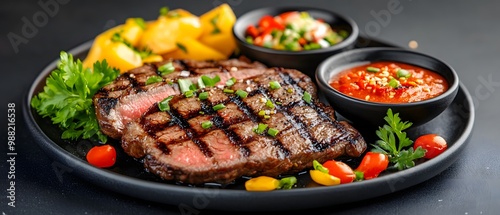 Delicious grilled steak served with fresh vegetables and sauces on a black plate. Perfect for gourmet dining experiences.