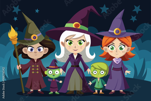 A vibrant coven of unique witches and a small creature gather at night, ready for magical adventures under the twinkling stars.