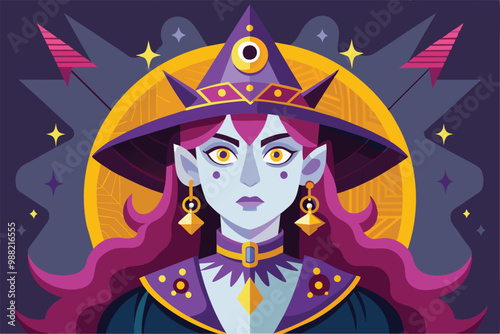 A striking depiction of a coven member with vibrant hair and mystical attire against a cosmic background, showcasing a blend of empowerment and magic.