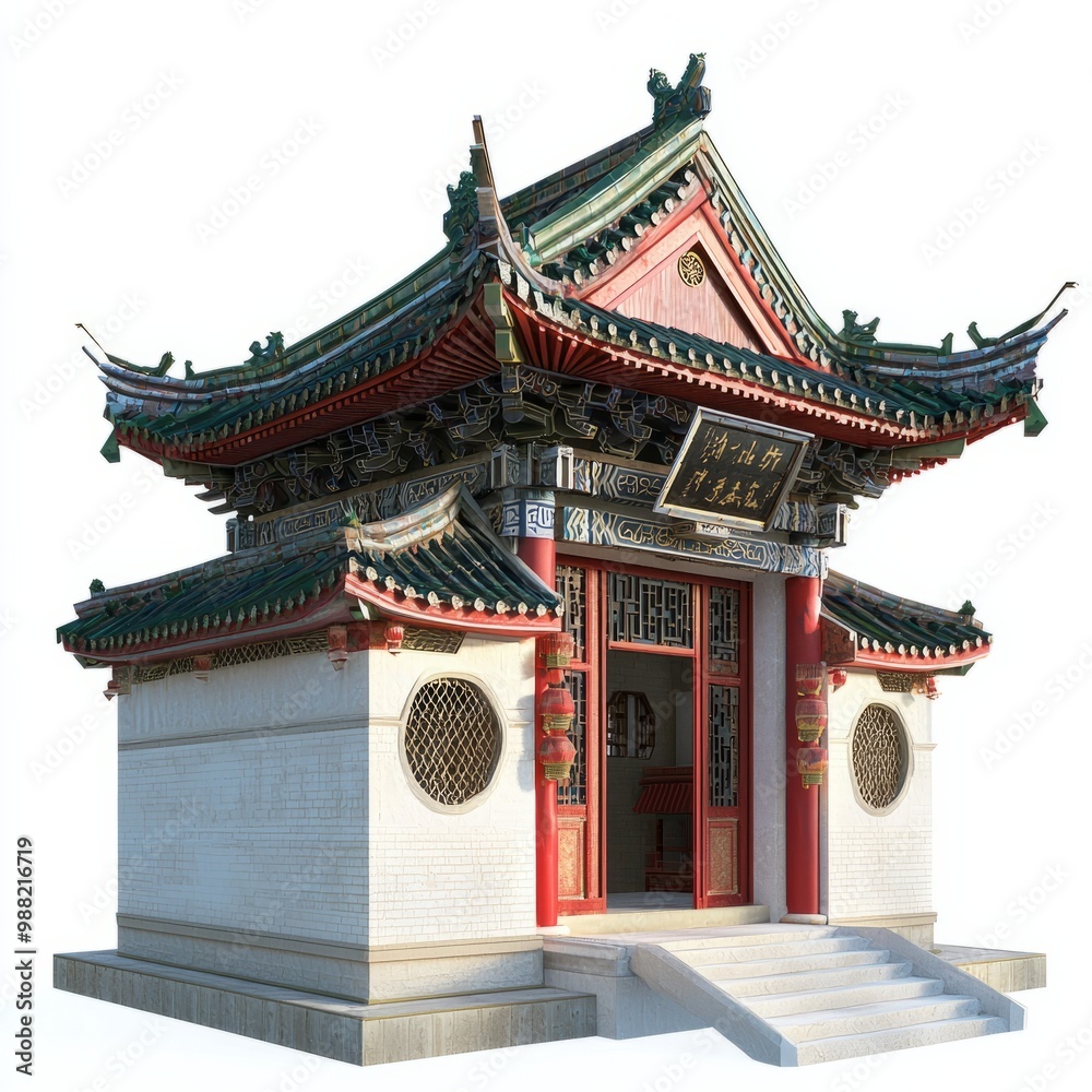 3D Render of a Chinese temple with a tiled roof and ornamental ridge decorations, on isolated white background 3D Render of a Chinese temple with a tiled roof and ornamental ridge decorations, on isolated white background