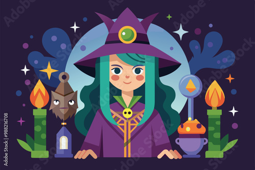 A talented young witch stands proudly among candles, potions, and mystical objects, creating an enchanting atmosphere full of magic and wonder. photo