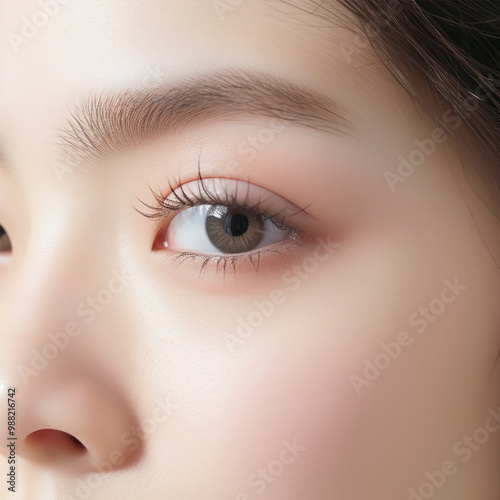 Close up view of beautiful brown female eye. Perfect trendy eyebrow. Good vision, contact lenses, brow bar or fashion eyebrow makeup concept