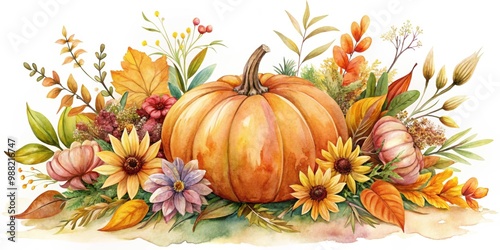 Fototapeta Naklejka Na Ścianę i Meble -  Charming watercolor of fall flowers and foliage surrounding a pumpkin , fall, flowers, foliage, pumpkin, harvest, autumn