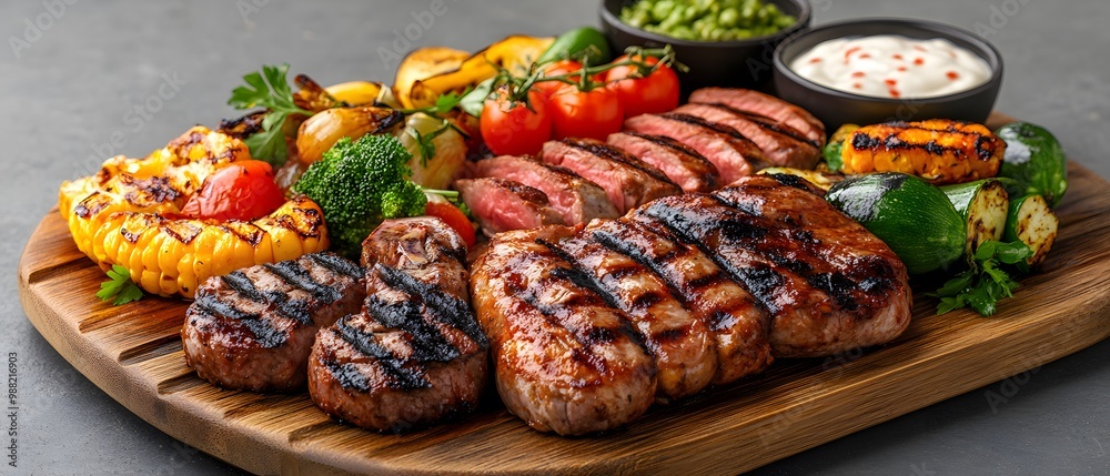 A delicious platter of grilled meats and vegetables, perfect for BBQ gatherings or festive occasions. A delicious platter of grilled meats and vegetables, perfect for BBQ gatherings or festive occasions.