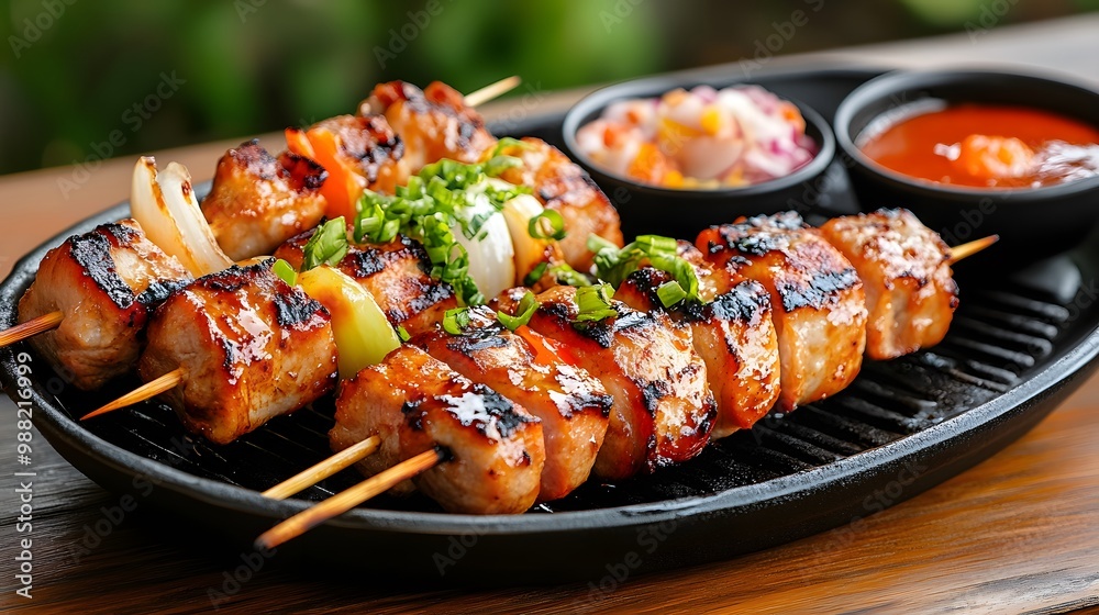 Grilled skewers of succulent meat served with colorful sides, showcasing mouthwatering flavors and a vibrant presentation. Grilled skewers of succulent meat served with colorful sides, showcasing mouthwatering flavors and a vibrant presentation.