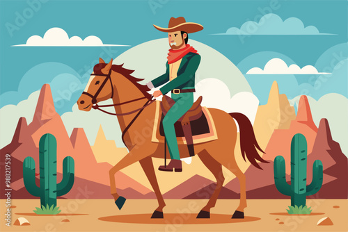 A cowboy confidently rides his horse through a colorful desert with cacti and mountains under a bright sky.