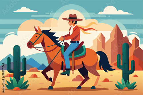 A cowboy rides confidently on his horse across a sandy desert, with cacti and rocky mountains in the background under a clear blue sky.