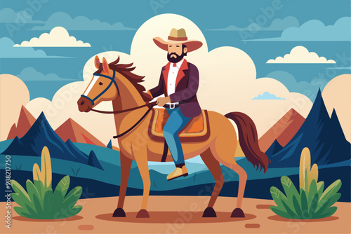 A cowboy sits confidently on his horse amidst a vibrant mountain backdrop under a bright sky, enjoying the beauty of nature.