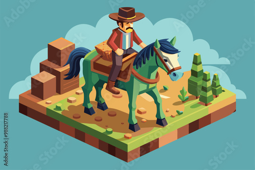 A cowboy on a green horse traverses a sandy terrain, surrounded by shrubs and geometric blocks, under a clear blue sky.