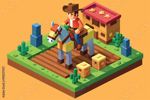 A cowboy confidently rides his horse in a vibrant isometric landscape filled with cacti and wooden structures while the sun shines brightly overhead.