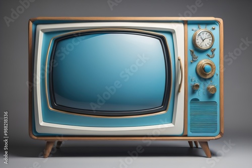 Retro blue vintage television on gray background. generative ai