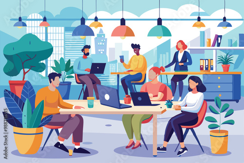 Professionals collaborate in a vibrant coworking space, engaging with technology while surrounded by plants and modern decor on a sunny day.